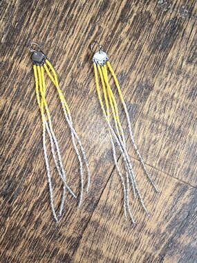 Yellow and Silver Beaded Fringe Earrings with Hook Closure